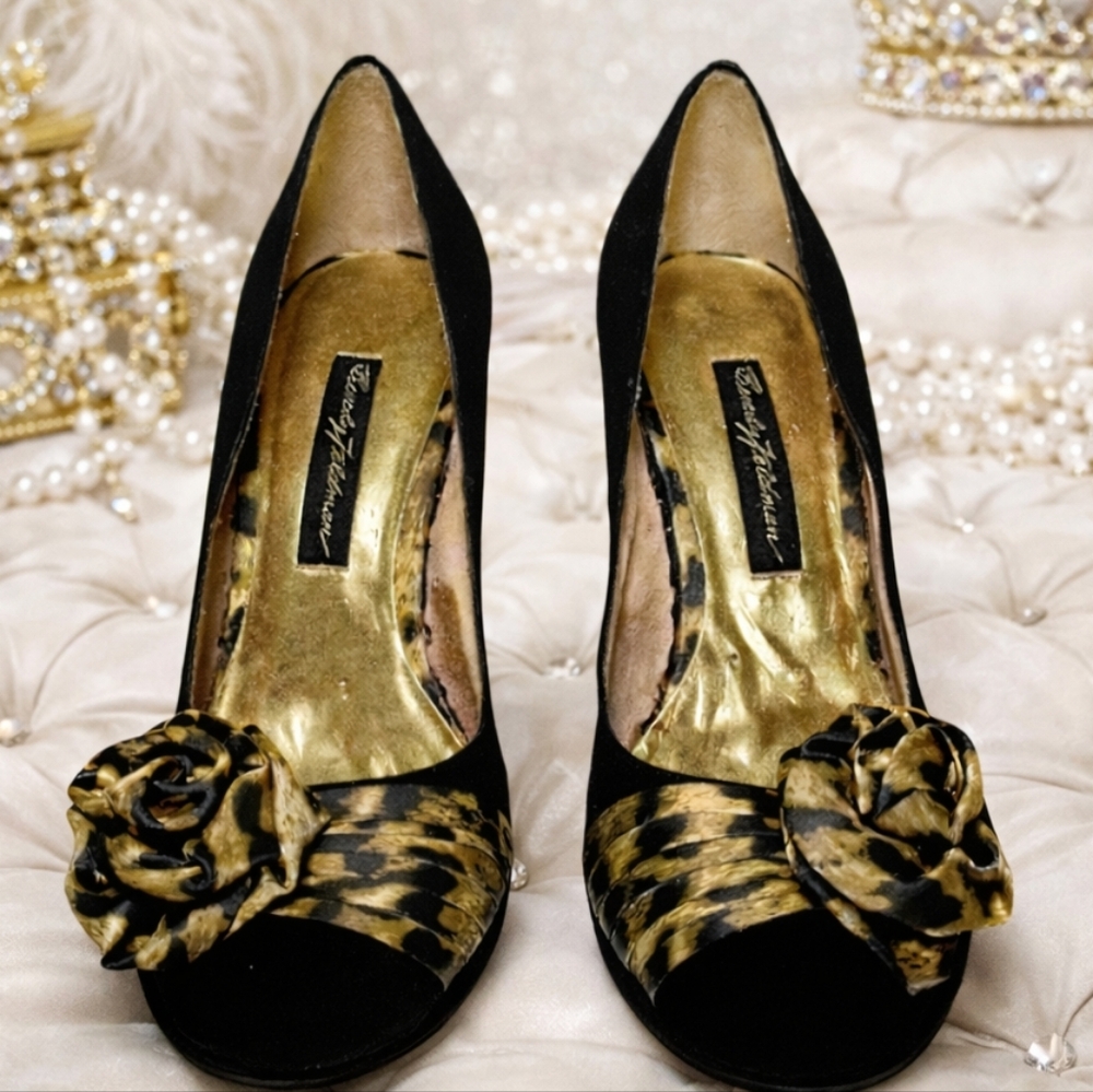 BEVERLY FELDMAN Black Suede Peep Toe Pumps Women's Size 7.5 Leopard Rose